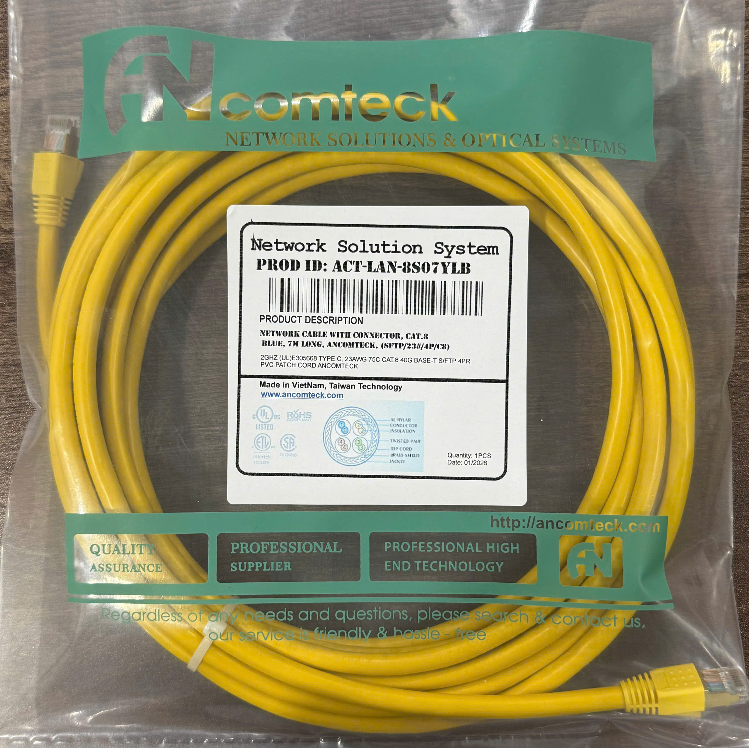 Dây nhảy mạng PATCH CORD CAT8 SSTP 5M ACT-LAN-8S05YLB ANCOMTECK